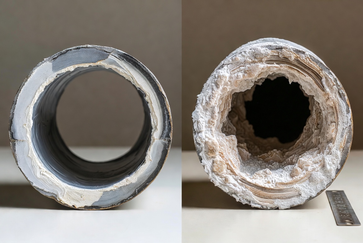 Comparison of pipe scale buildup without a water softener versus clean pipes with a water softener